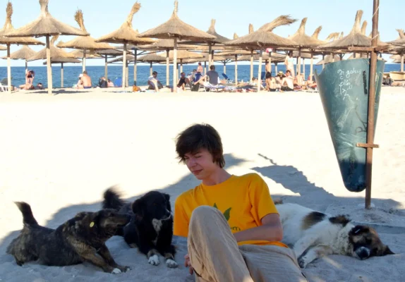 A young man in a yellow shirt sits on the sand with stray dogs lounging around him under straw umbrellas in Vama Veche.