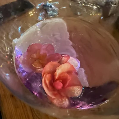 Close-up of a cocktail glass with pink flowers frozen in ice.