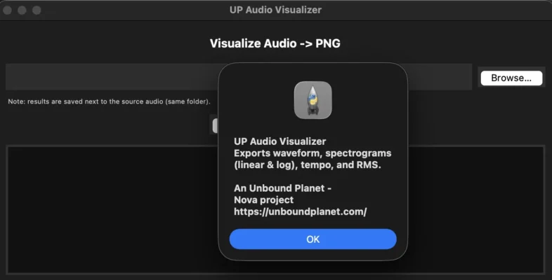 A screenshot of a mini app that prints 300dpi pngs of a song's waveform, spectrogram and Dynamics over time.
