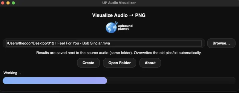 A screenshot of a mini app that prints 300dpi pngs of a song's waveform, spectrogram and Dynamics over time.