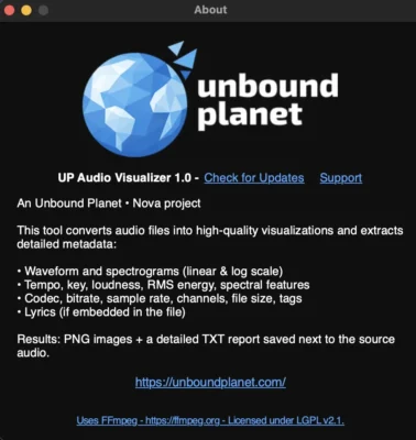 A screenshot of a mini app that prints 300dpi pngs of a song's waveform, spectrogram and Dynamics over time.