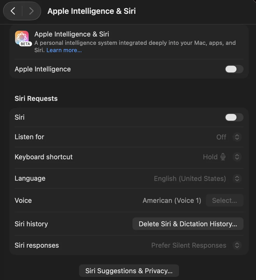 Turning off Apple Intelligence and Siri in macOS 26 Tahoe.