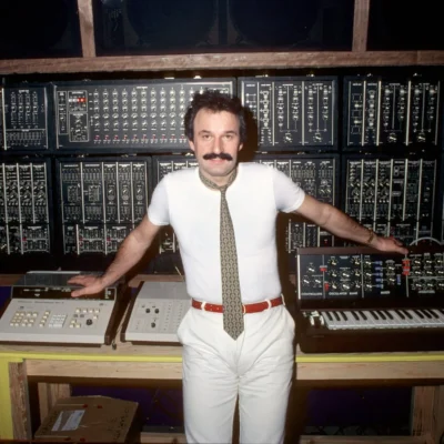 Giorgio Moroder in front of a wall of vintage synthesizers, wearing a white shirt and tie.