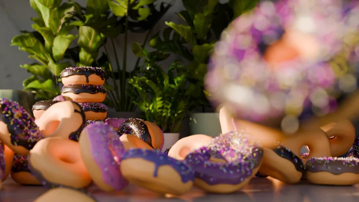 Close-up of falling donuts, with one blurred in the foreground as the stack remains visible in the background.