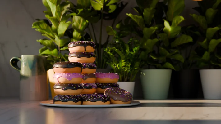 A neat stack of donuts with chocolate and pink icing rests on a plate in soft sunlight.