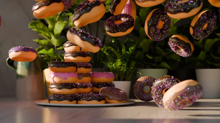 3D-rendered donuts with chocolate and pink glaze hover mid-air above a stacked plate, with potted plants in the background.