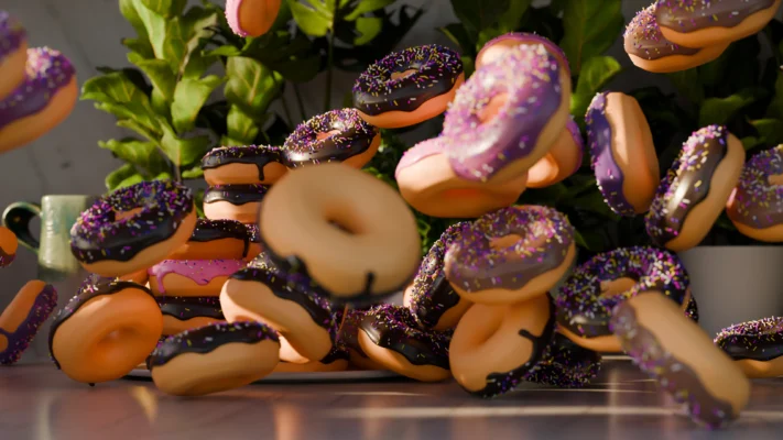 A chaotic pile of 3D donuts collides in mid-air, sprinkles scattering light as they tumble across the frame.