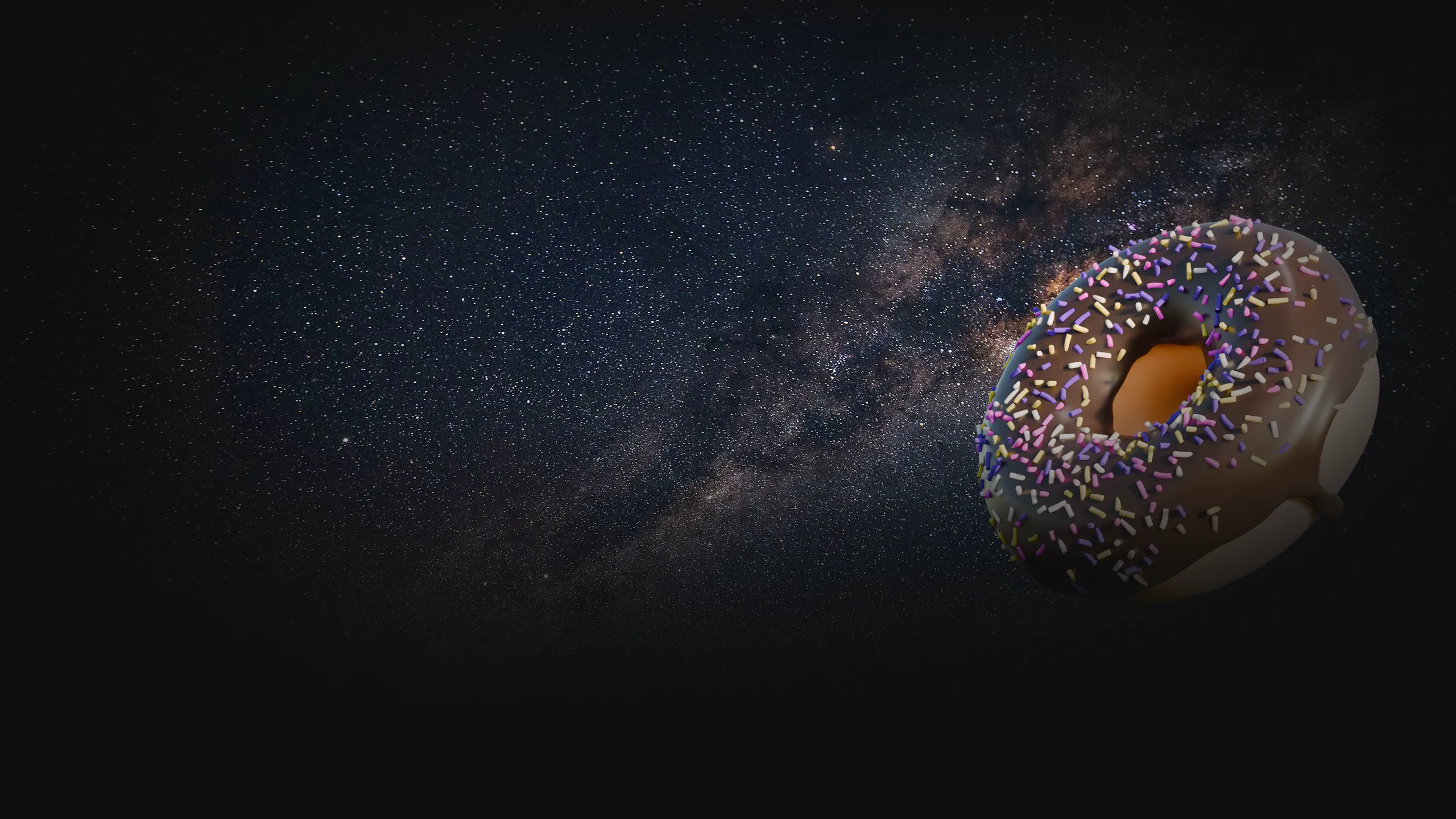 A 3D-rendered chocolate donut with colorful sprinkles floats in space against the Milky Way galaxy.