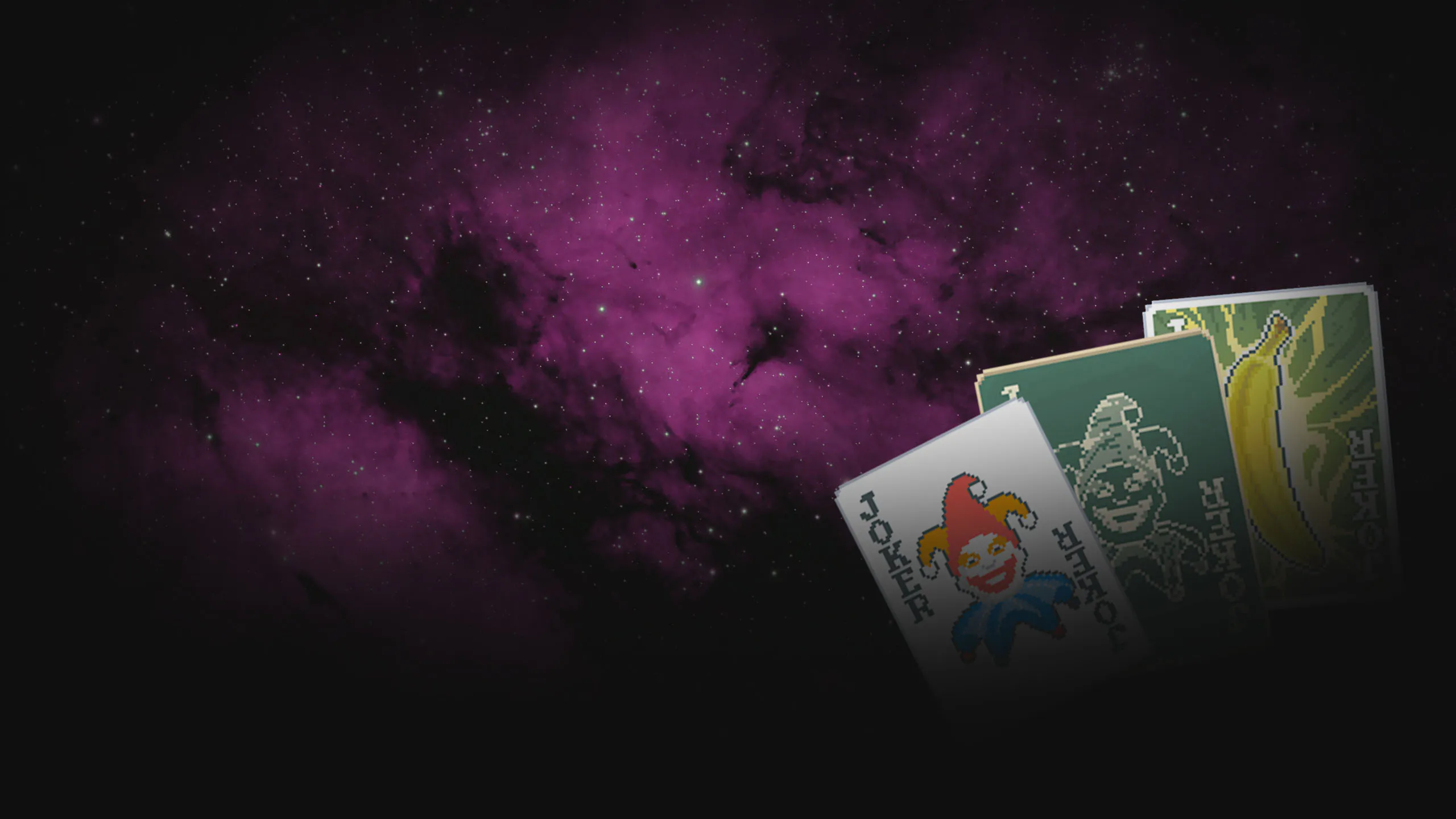 hero image of a Balatro review page. 3 balatro jokers arranged in front of a chroma-themed space background