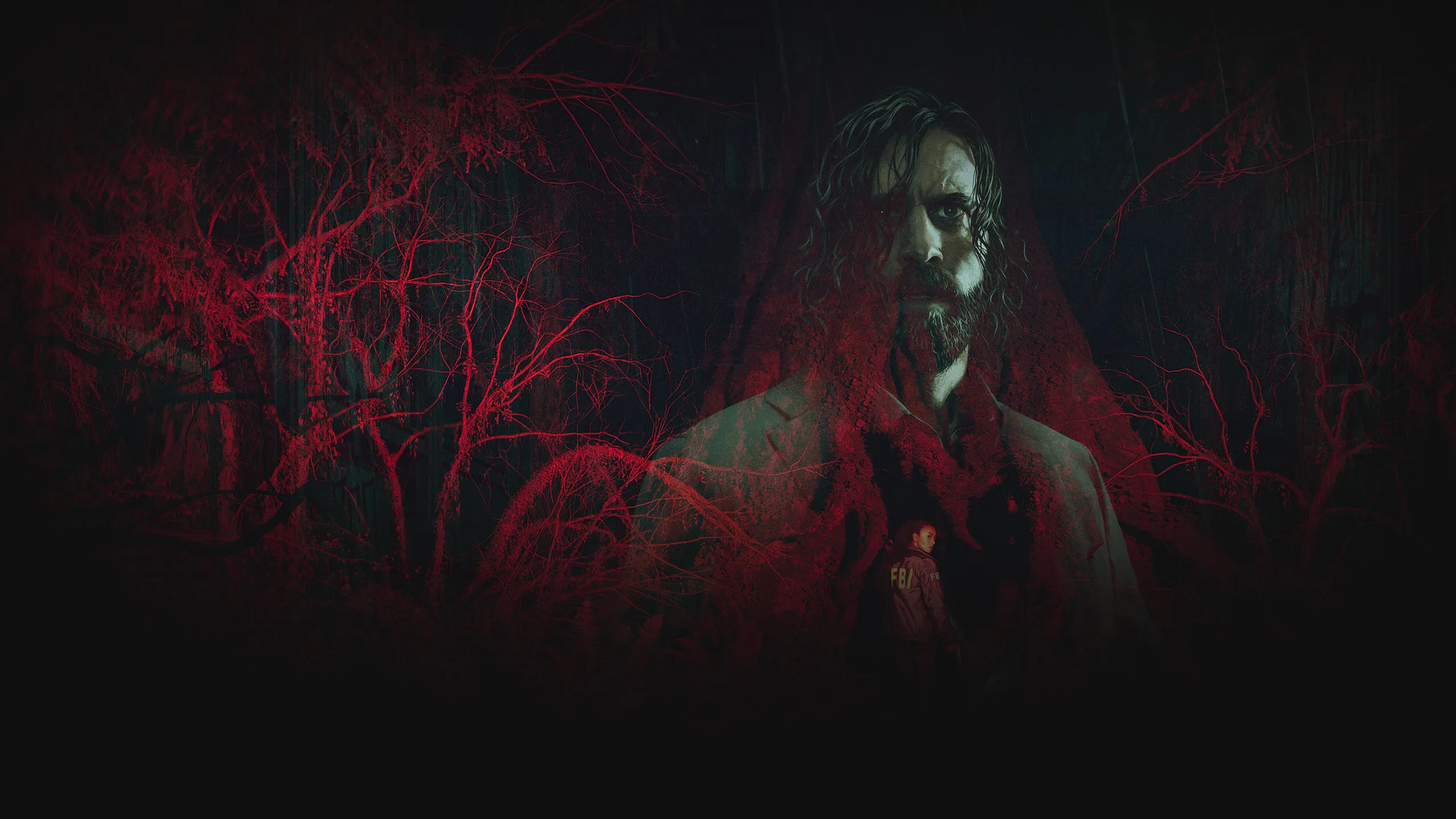 Alan Wake 2 official cover art featuring Alan’s haunting figure looming in red over a dark forest, with FBI agent Saga Anderson standing below.