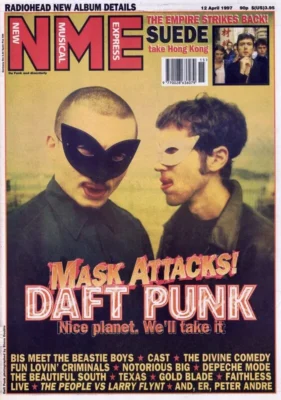 NME magazine cover from April 1997 featuring Daft Punk in early masks with headline “Mask Attacks! Daft Punk – Nice planet. We’ll take it.”
