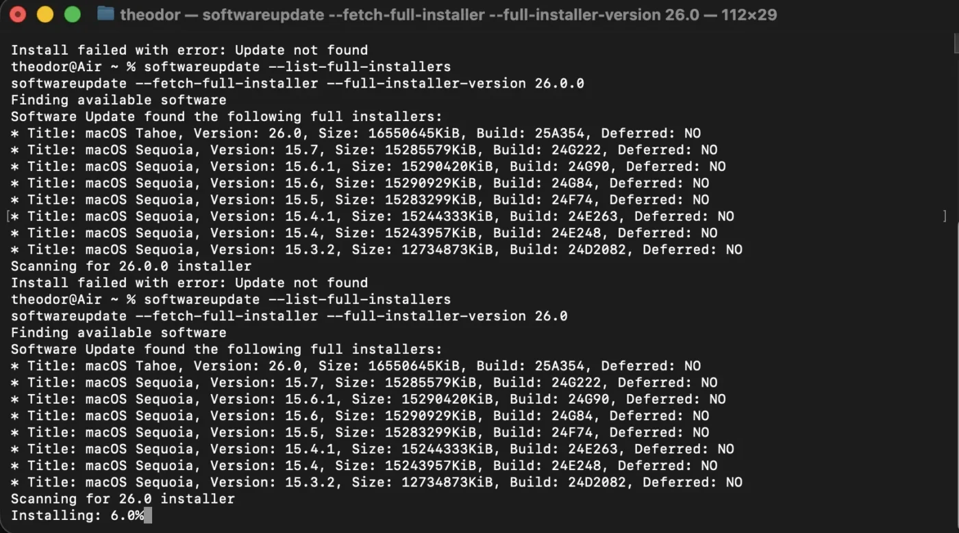 macos terminal downloading the install app for macOS Tahoe 26