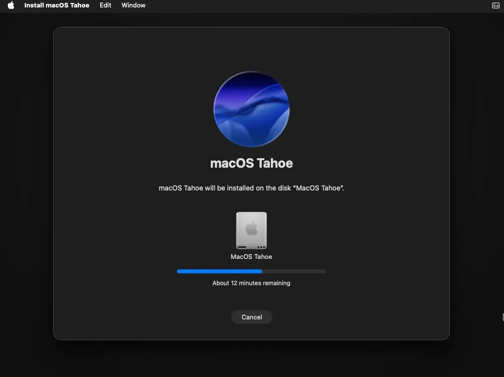 macOS Tahoe installation screen.