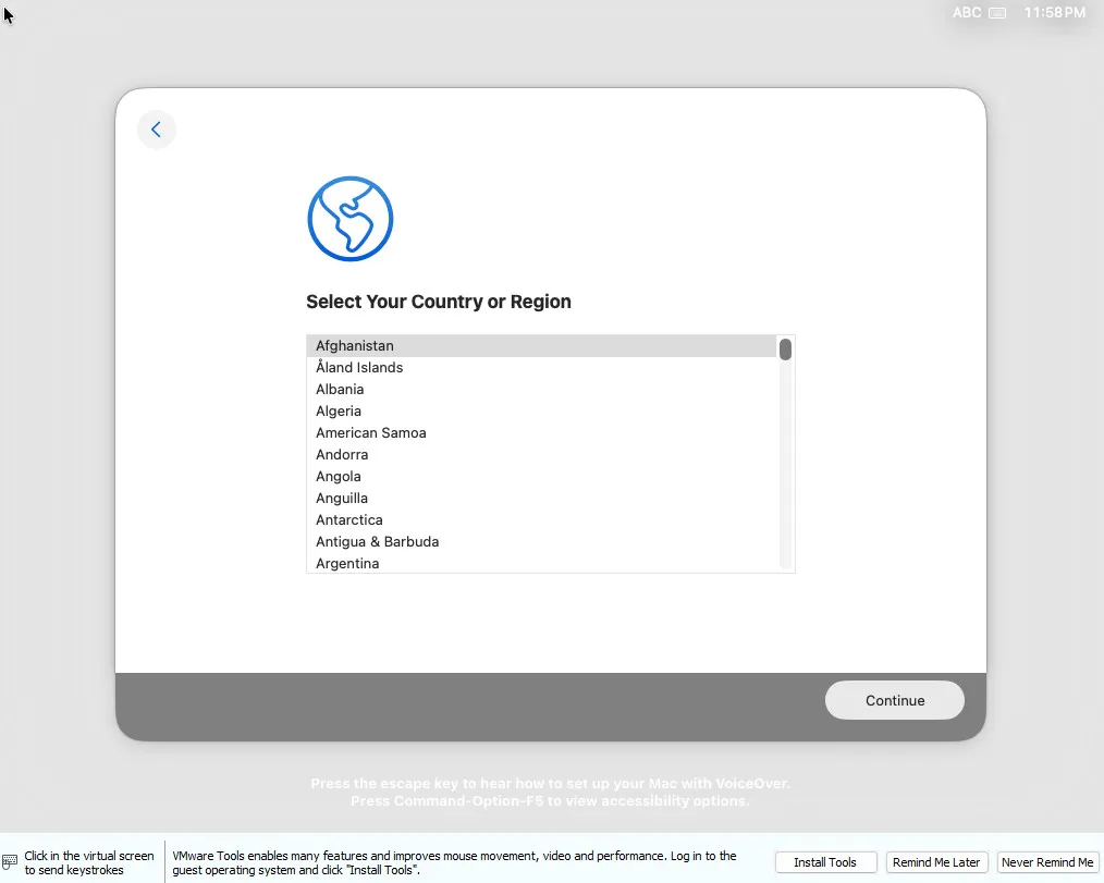 VM Screenshot of MacOS Tahoe OOBE, without Video Acceleration.
