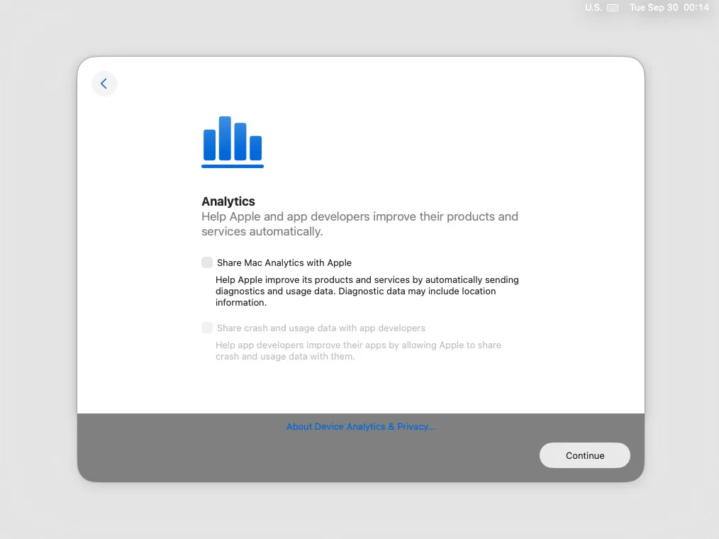 VM Screenshot of MacOS Tahoe OOBE, without Video Acceleration.