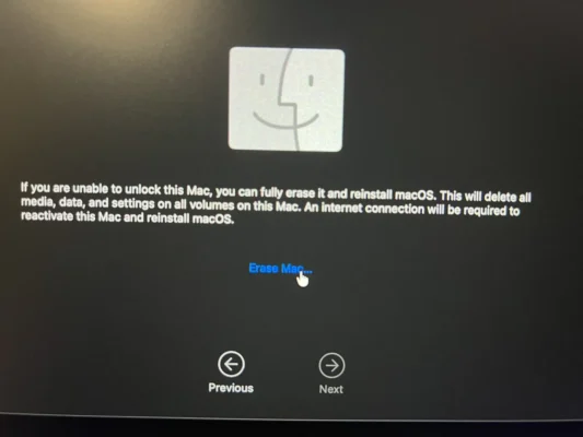 Erase Mac from Recovery Assisstant, if you get an error when wiping the disk via disk utility on macs.