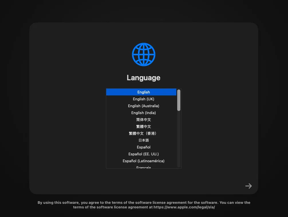 MacOS first recovery screen.