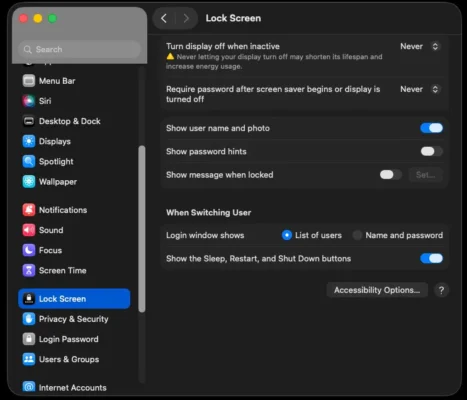 Optimizing macOS 26 for a VM, Lock Screen Settings.