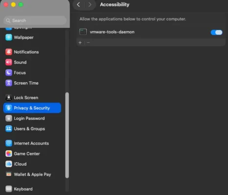 Optimizing macOS 26 for a VM, VMware Tools installation.