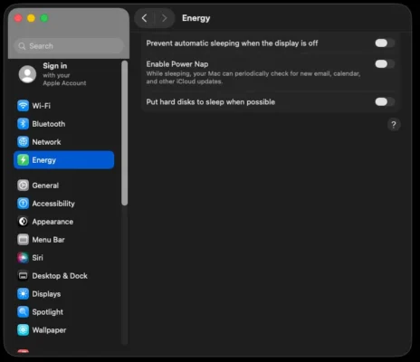 Optimizing macOS 26 for a VM, Power Settings.