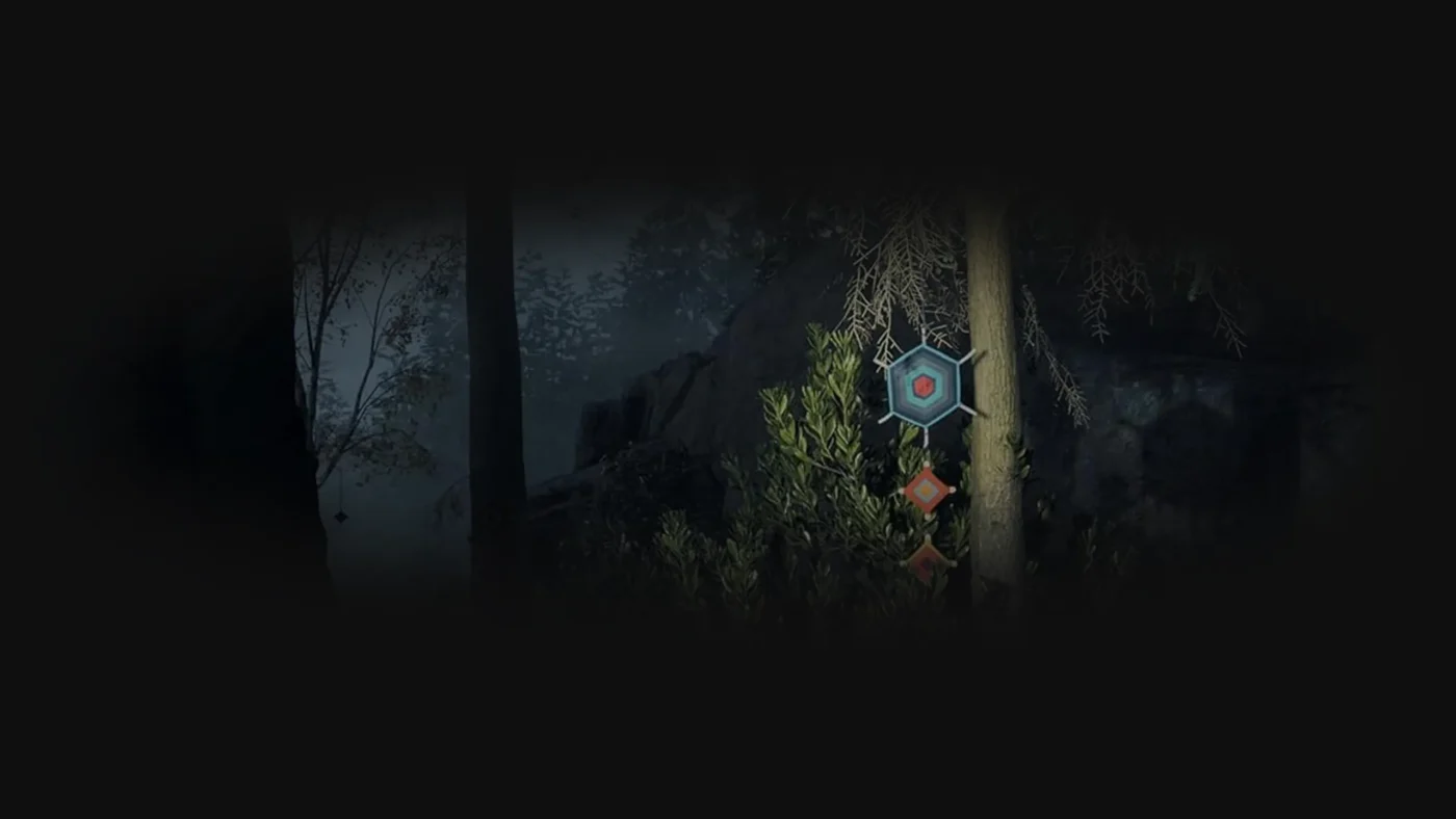 A ritual charm made of hexagonal and diamond-shaped patterns hangs from a tree in the dark Pacific Northwest forest, glowing faintly against the shadows.