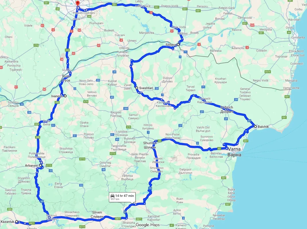 A Google Maps route showing a circular 997 km road trip across Northern Bulgaria - passing through Kazanlak, Arbanasi, Ivanovo, Sveshtari, Balchik, and back to Romania via Silistra and Călărași.