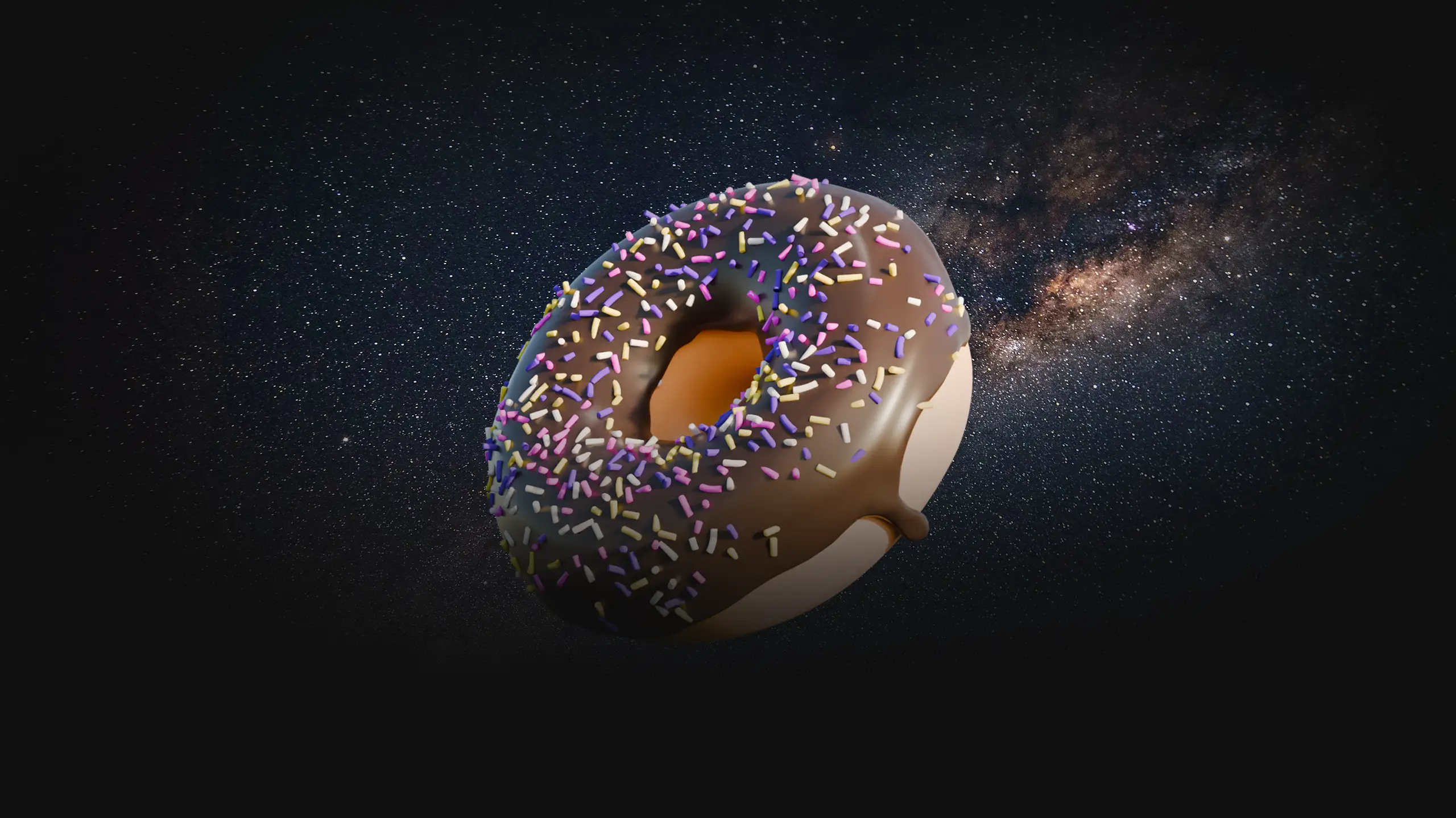 A 3D-rendered chocolate donut with colorful sprinkles floats in space against the Milky Way galaxy.