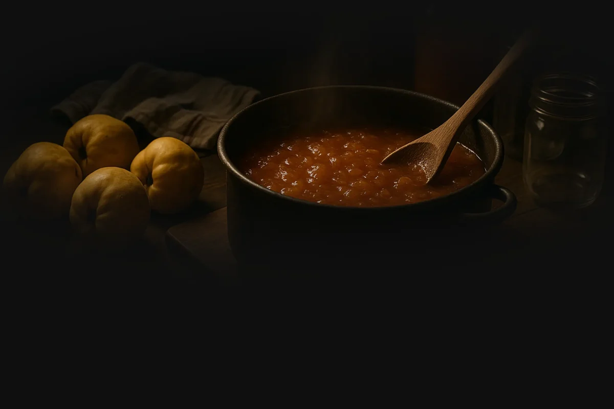A rustic pot of simmering quince jam, steam rising as a wooden spoon stirs the golden mixture, surrounded by whole quinces and a glass jar under warm, moody light.