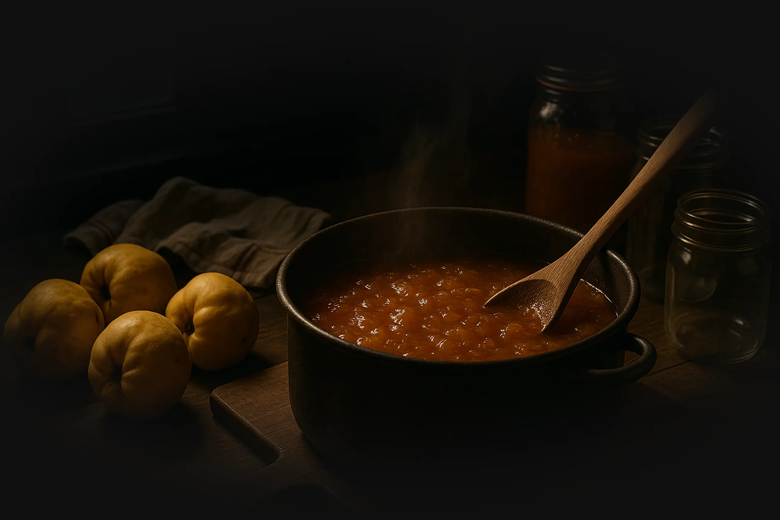 A rustic pot of simmering quince jam, steam rising as a wooden spoon stirs the golden mixture, surrounded by whole quinces and a glass jar under warm, moody light.