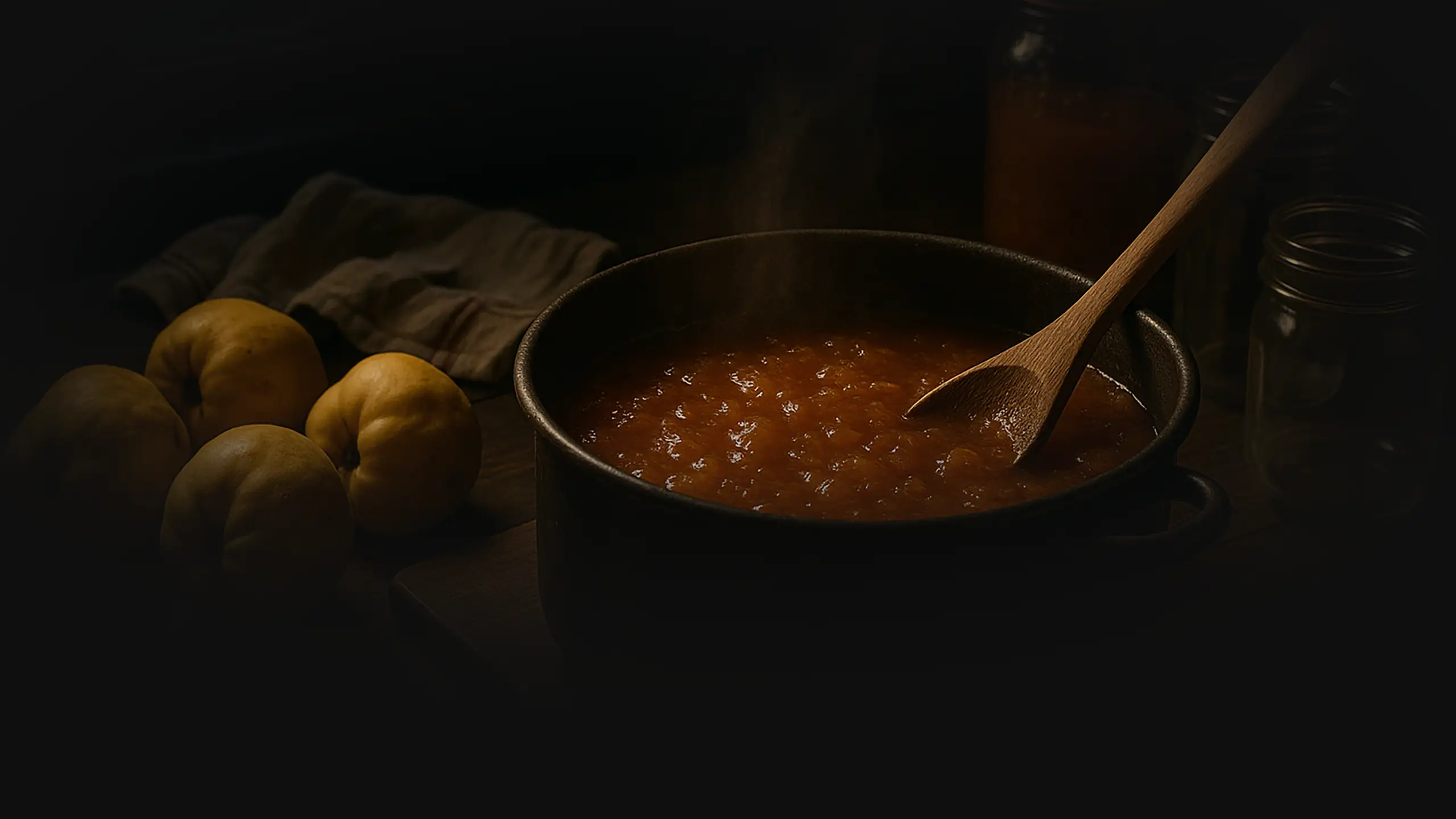 A rustic pot of simmering quince jam, steam rising as a wooden spoon stirs the golden mixture, surrounded by whole quinces and a glass jar under warm, moody light.