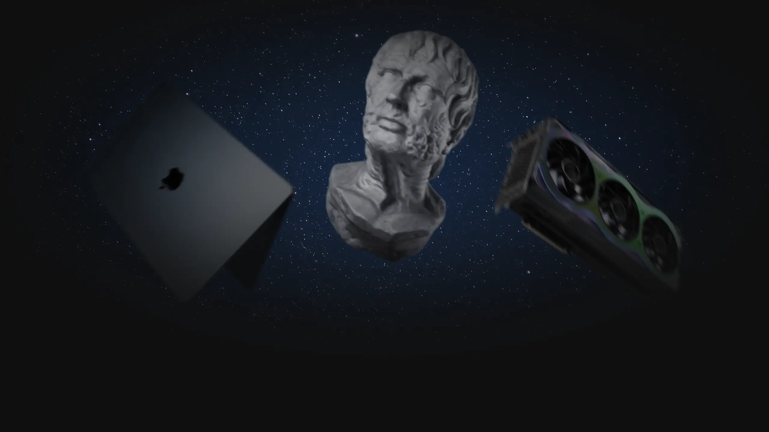 A cosmic-themed hero image showing a GPU, a MacBook Air, and a stone bust of Seneca floating against a starfield background.