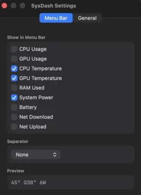 UP Sysdash Settings - Menu Bar tab with CPU Temperature, GPU Temperature and System Power enabled, separator set to None, preview showing the result
