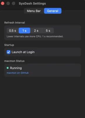 UP Sysdash Settings - General tab showing refresh interval set to 1s, Launch at Login enabled, and macmon status Running