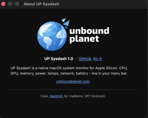 About UP Sysdash window showing version 1.0, the Unbound Planet logo, app description, and macmon attribution