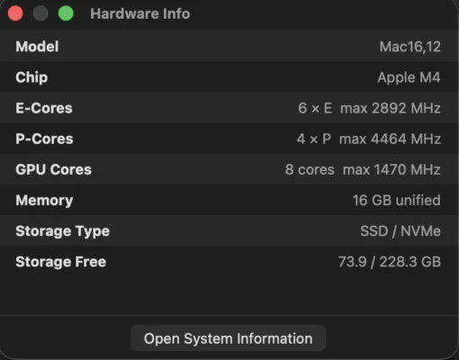UP Sysdash Hardware Info panel showing Apple M4 chip details - 6 E-cores, 4 P-cores, 8 GPU cores, 16GB unified memory, NVMe SSD