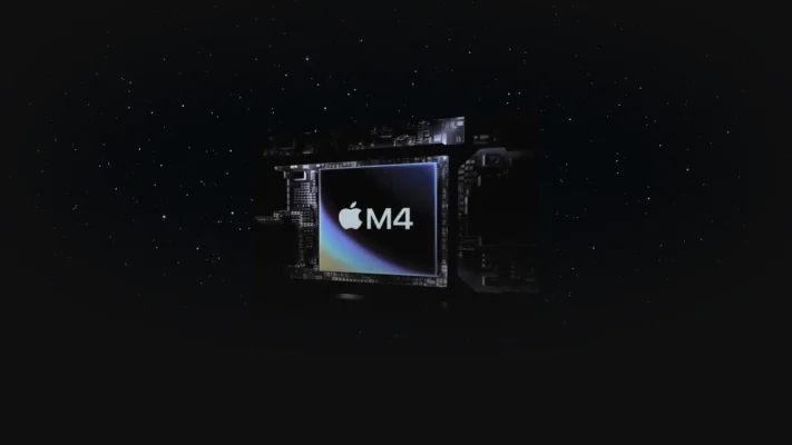Apple M4 Silicon chip rendered in 3D, floating against a dark space background with faint stars