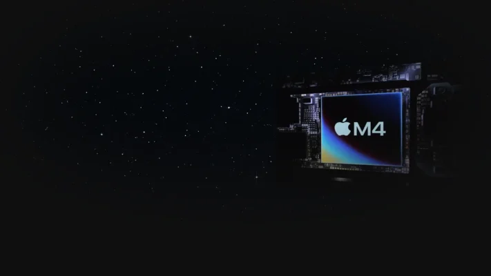 Apple M4 Silicon chip rendered in 3D, floating against a dark space background with faint stars