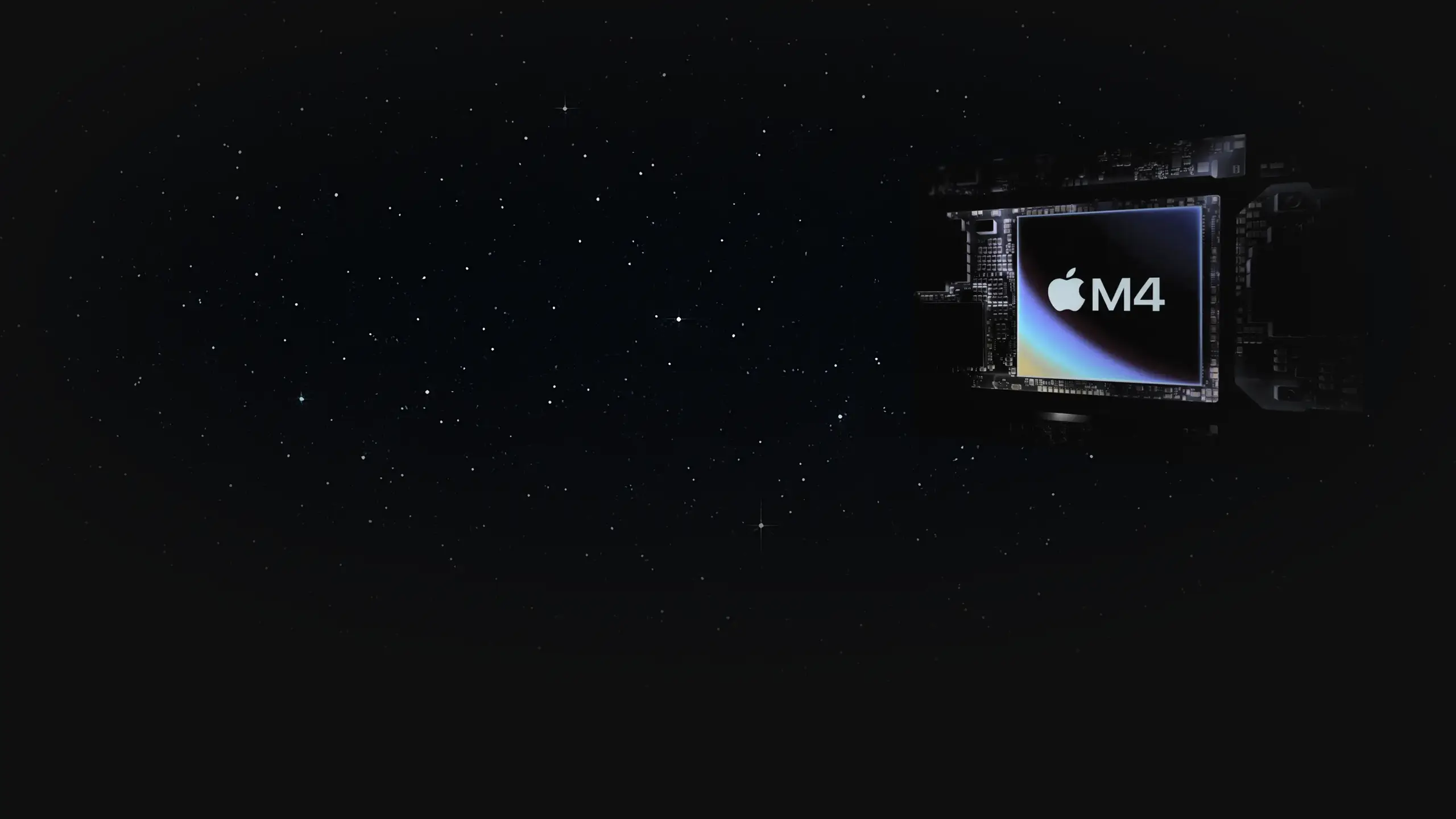 Apple M4 Silicon chip rendered in 3D, floating against a dark space background with faint stars