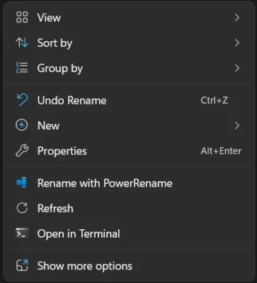 Windows 11 File Explorer context menu showing Refresh in the modern menu above Show more options