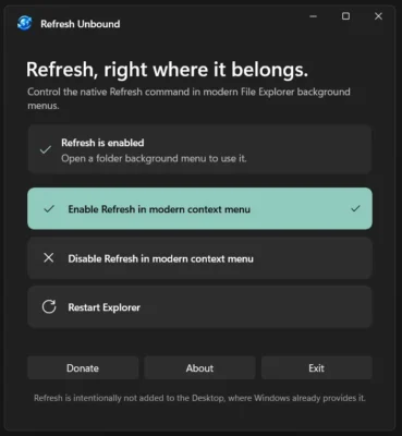 Refresh Unbound control panel showing enabled status, Enable and Disable controls, Restart Explorer, Donate, About, and Exit buttons