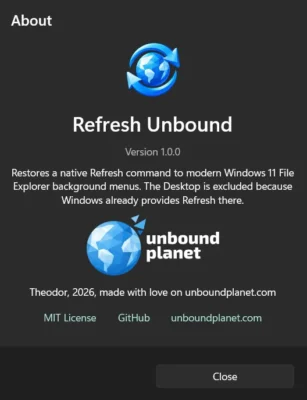 Refresh Unbound About dialog showing version 1.0.0, Unbound Planet branding, MIT License, GitHub, and website links
