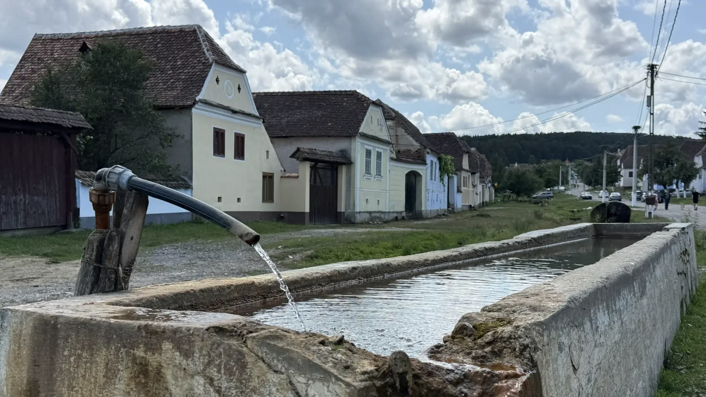 Traditional water trough on Viscri's main street, fed by a simple pipe with historic Saxon houses behind it.