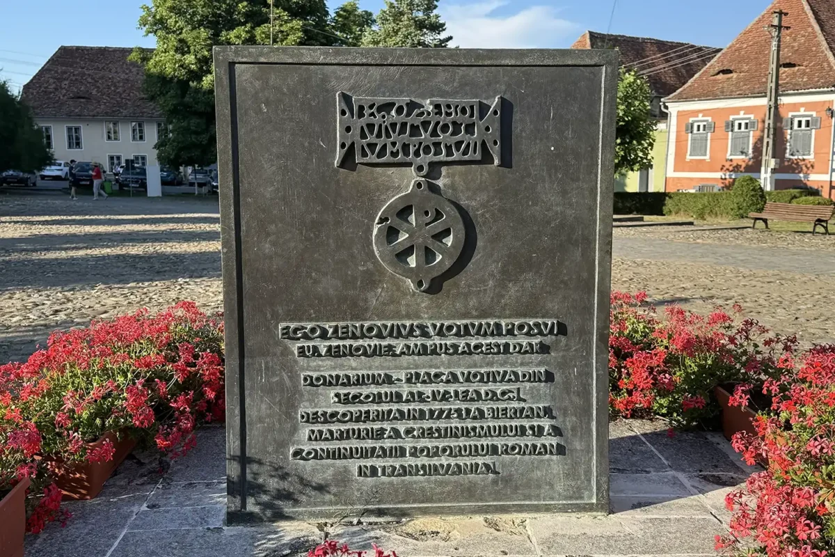 Monument in Biertan commemorating the fourth-century Christian votive object inscribed Ego Zenovius votum posui