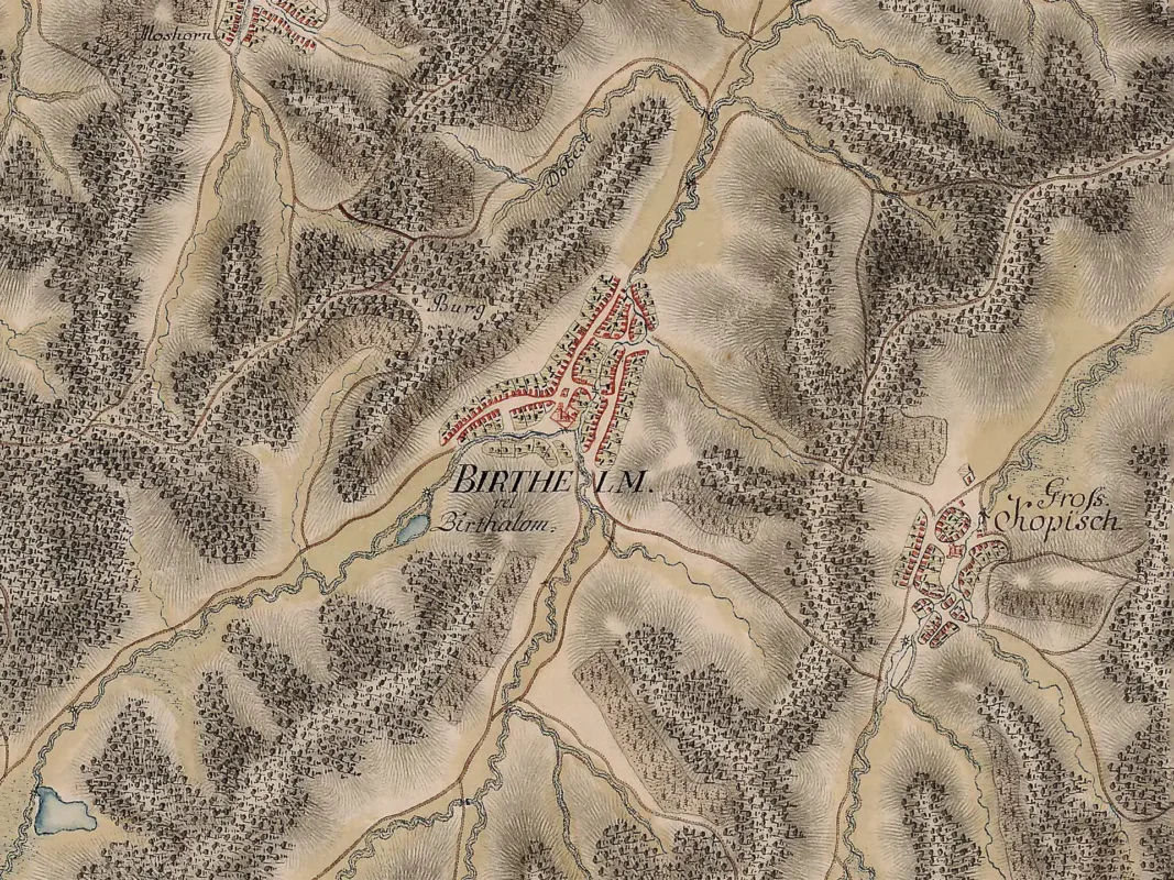 Josephine military survey map of Biertan, marked as Birthälm or Birthalom, in 18th-century Transylvania