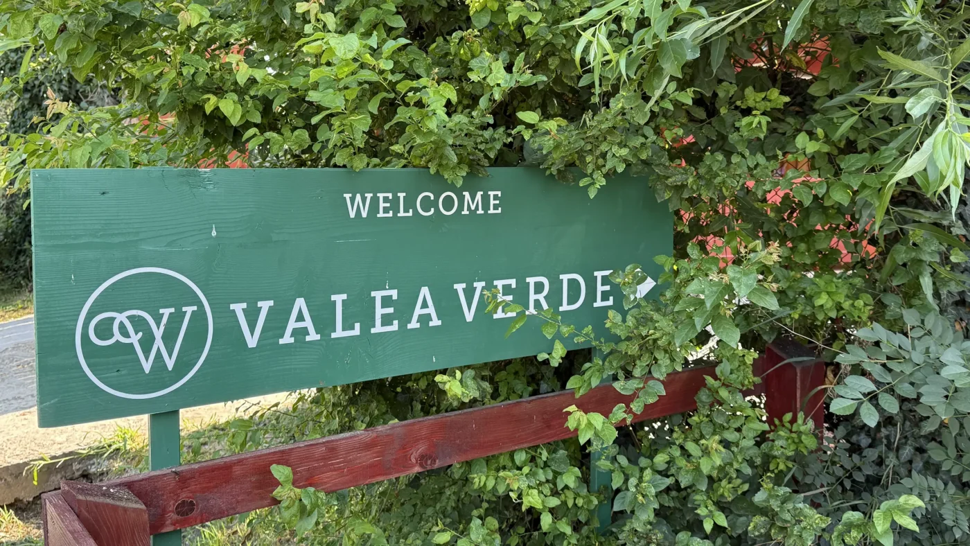 Green Valea Verde welcome sign surrounded by dense summer foliage in Cund, Transylvania.