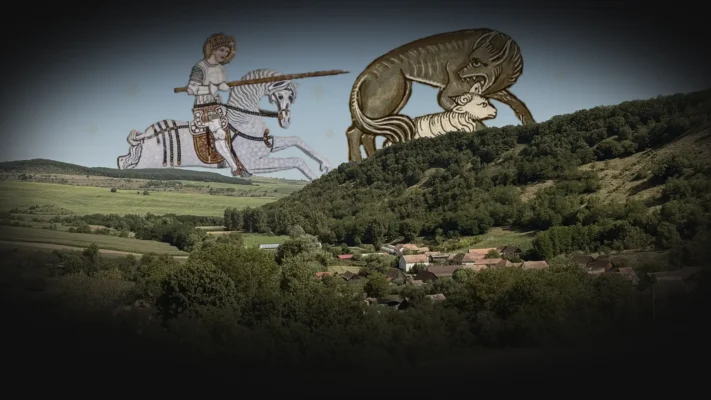 Panoramic view of Cund village in Transylvania, Romania, beneath rolling green hills with medieval Saint Ladislaus and wolf artwork in the sky.