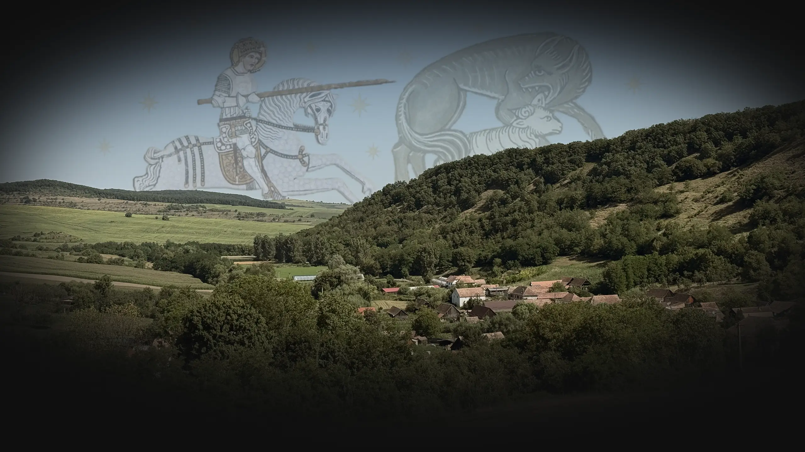 Panoramic view of Cund village in Transylvania, Romania, beneath rolling green hills with medieval Saint Ladislaus and wolf artwork in the sky.