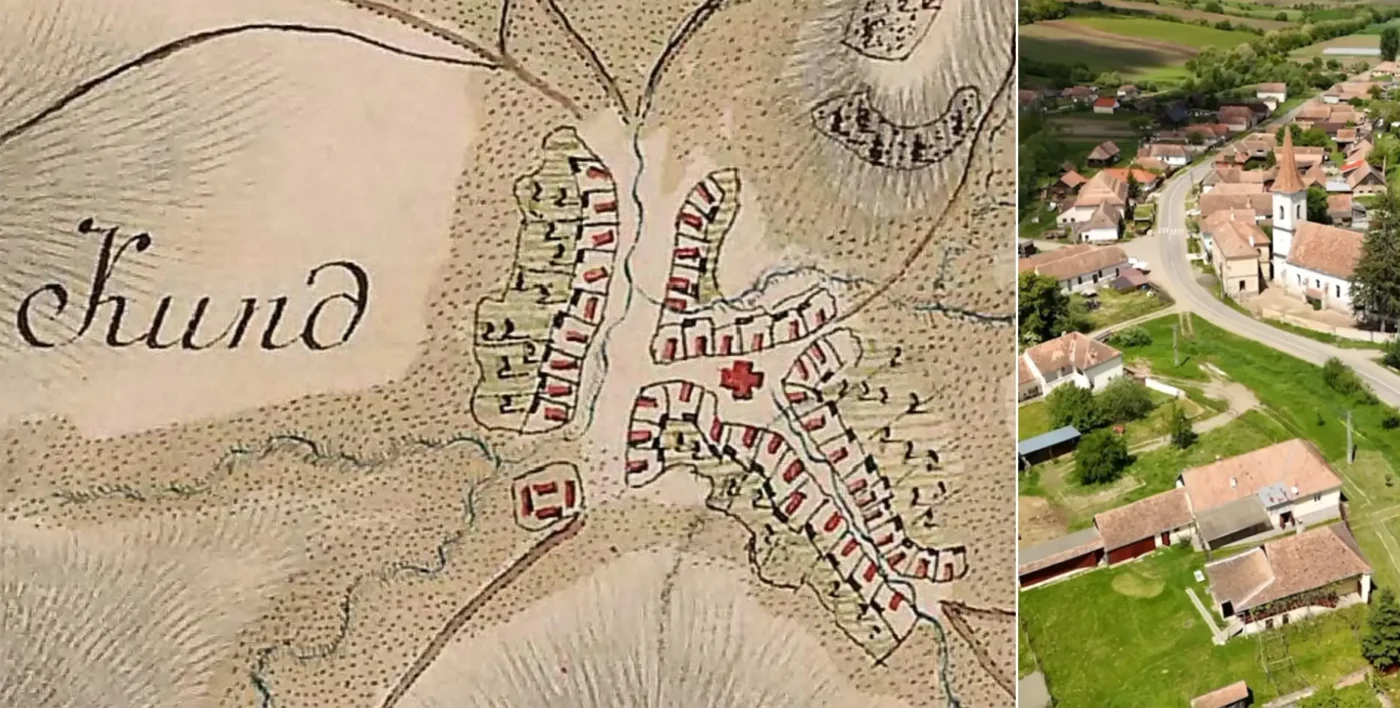 Historic Josephine Survey map of Kund, present-day Cund, beside a modern aerial view of the village in Transylvania.