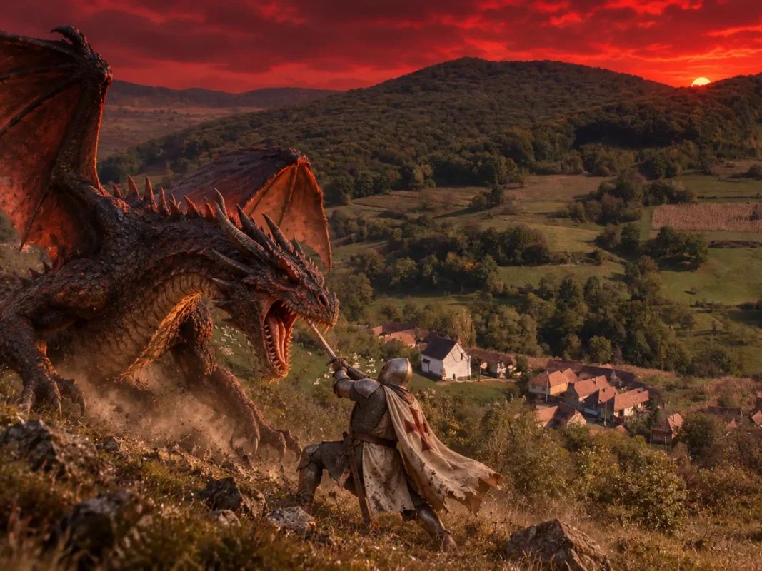 AI-generated depiction of the Jacodu dragon legend, with a medieval knight confronting a dragon above the Transylvanian village