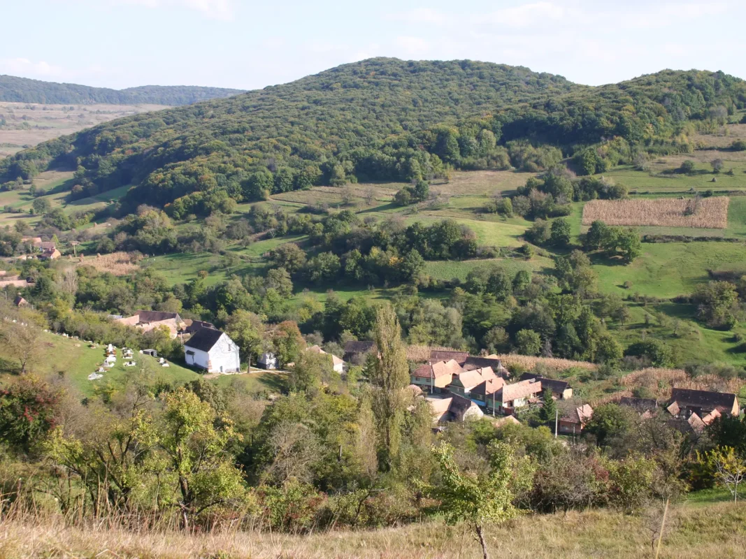 Jacodu village in Mureș County, Transylvania, surrounded by wooded hills and farmland